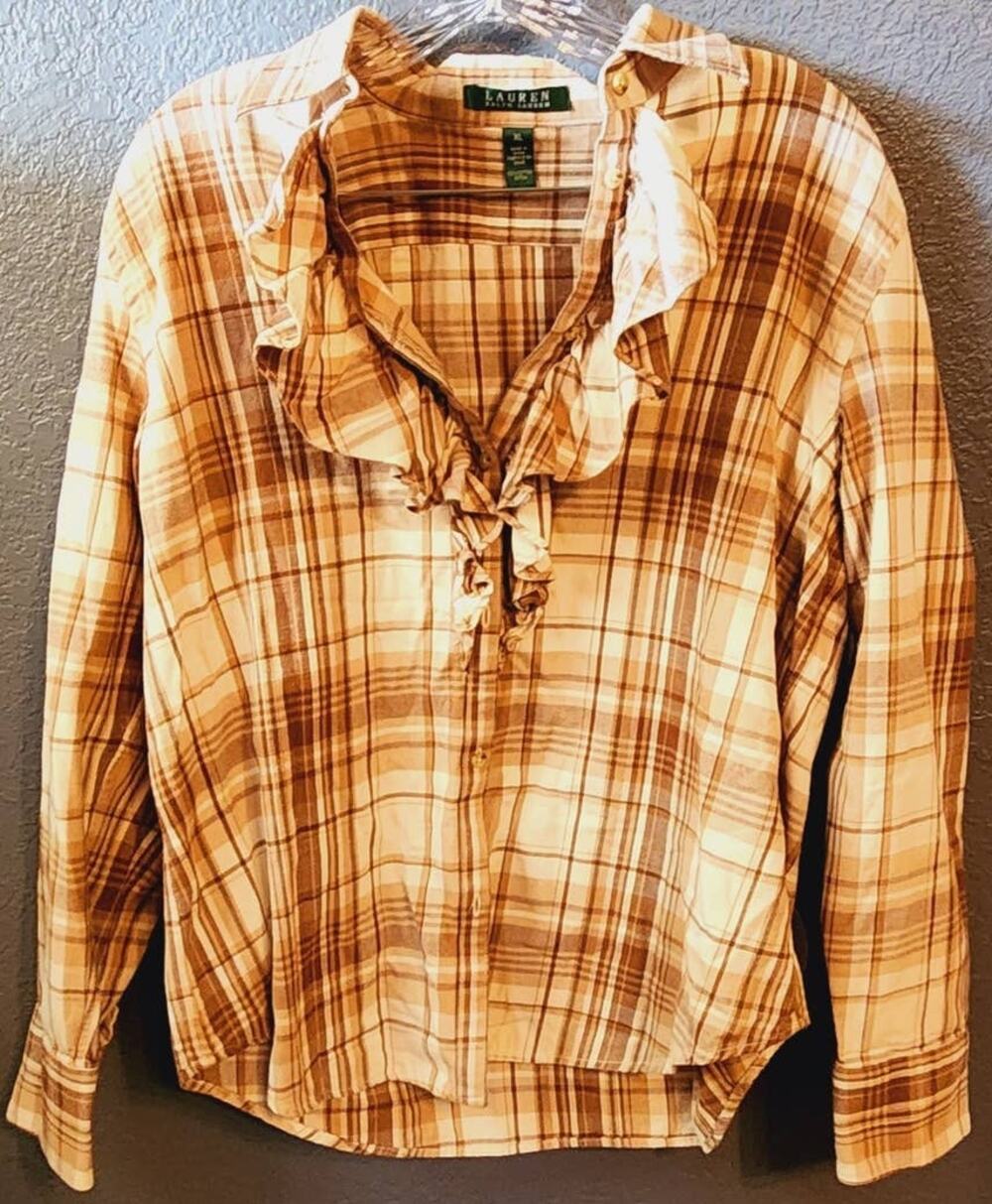 Lauren Ralph Lauren Brown & White Plaid Button Down Ruffle Closure Size Large